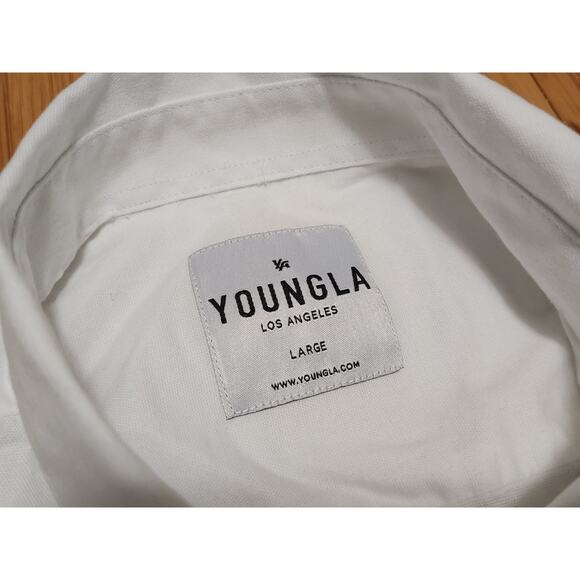 YOUNGLA Shirt Men's Large White Long Sleeve Button Down Casual Preppy Logo Work - Picture 3 of 8